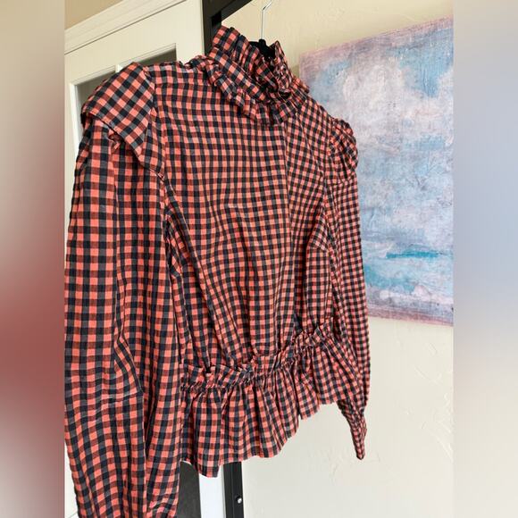 Ganni Ruffled Seersucker Button Neck Open Back Blouse Top Flame Check Women’s 32 - Picture 5 of 9